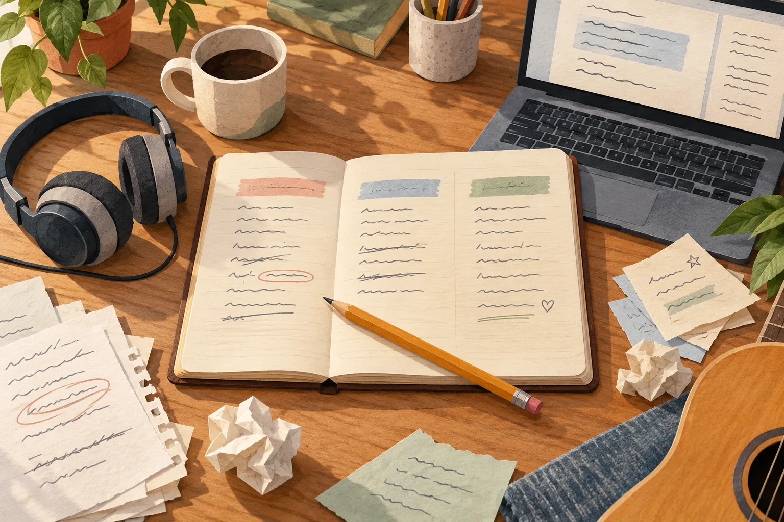 Illustrated lyric notebook with revised lines, a pencil, headphones, and a laptop on a sunlit songwriting desk
