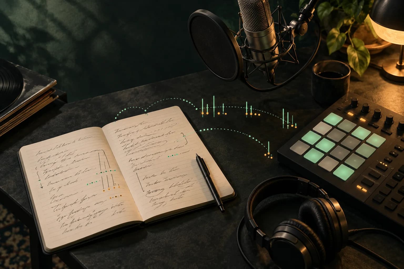 Lyric notebook, studio microphone, headphones, and drum pads connected by illustrated rhythm marks