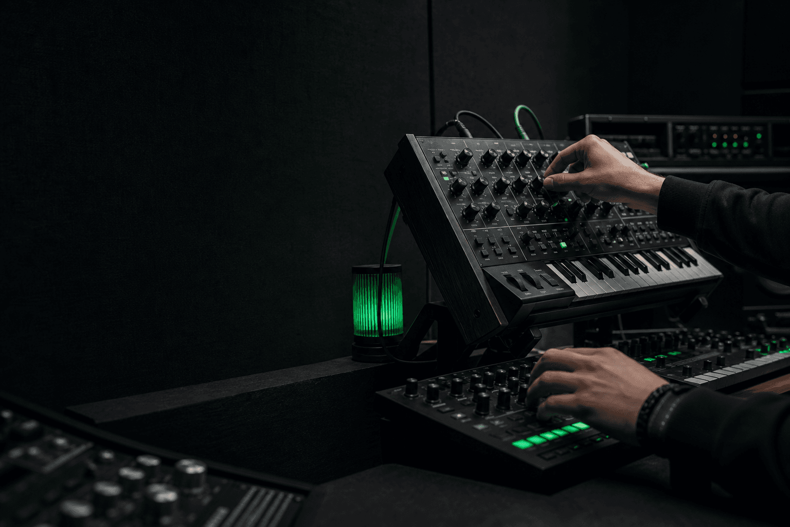 Hands adjusting an analog synthesizer in a dark recording studio