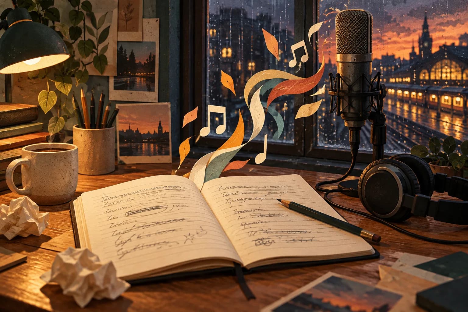 Illustrated songwriting desk with a lyric notebook, pencil, headphones, and microphone beside a rainy window