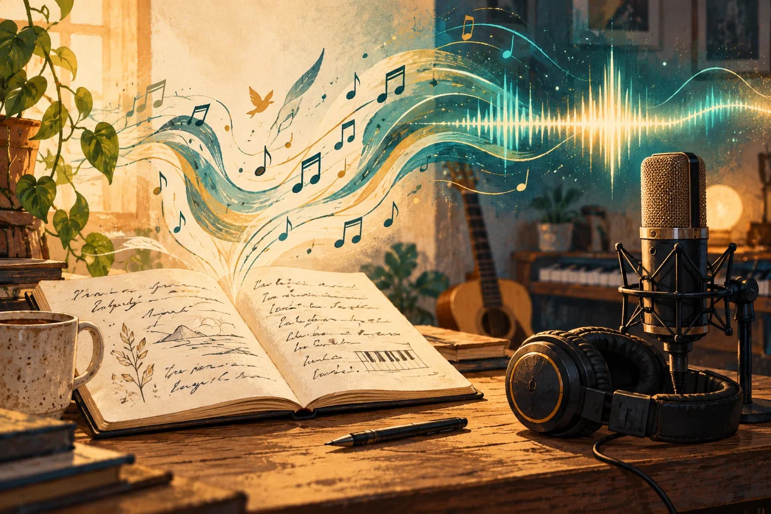 An open notebook, microphone, and headphones with musical ribbons flowing into a luminous waveform