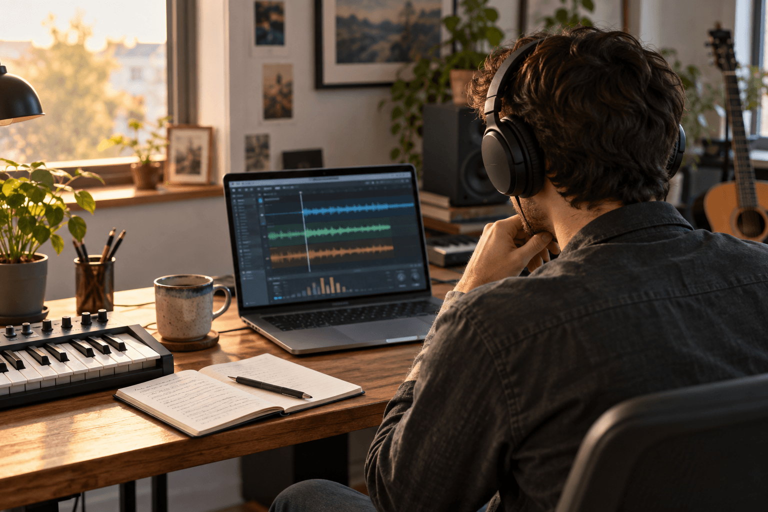 A music creator listens to a new track in a home studio with headphones and a MIDI keyboard