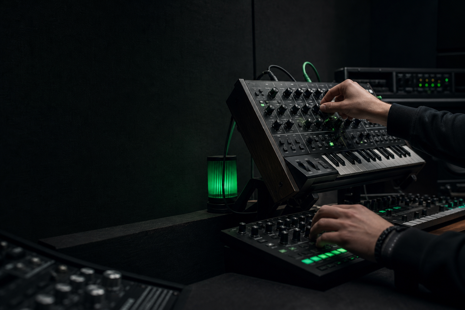 Hands adjusting an analog synthesizer in a dark recording studio